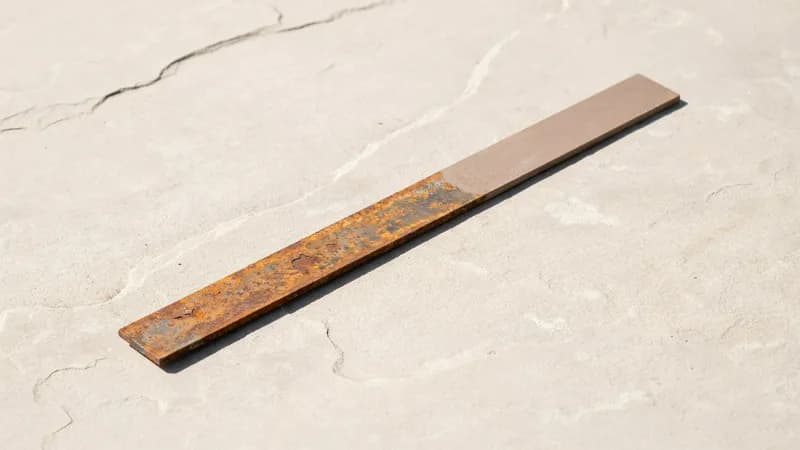 Cortenstahl-Band auf hellem Sandstein, linke Hälfte stark verrostet und narbig, rechte Hälfte vollkommen glatt und gleichmäßig braun