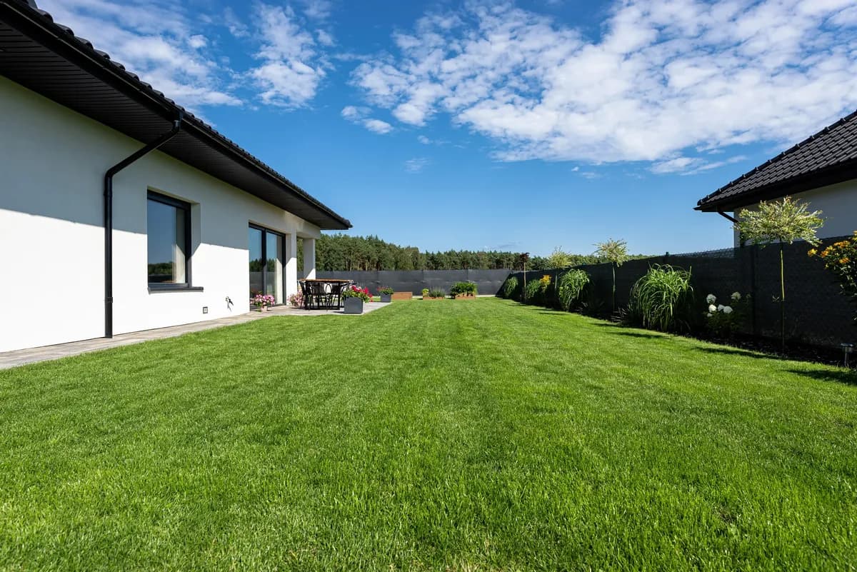 Rasenfläche hinter einem Einfamilienhaus vor der Planung