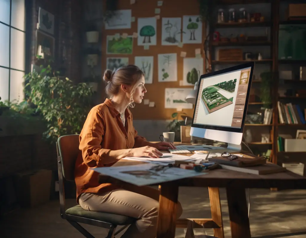 Landschaftsarchitektin erstellt am Computer eine 3D-Gartenplanung im Studio.