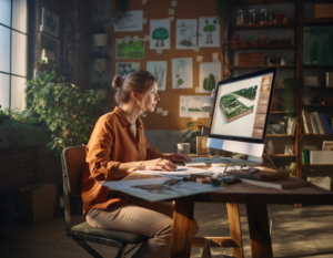 Landscape architect creates a 3D garden plan in the studio on the computer.