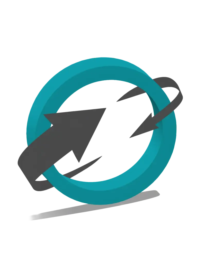 Stilisiertes 3D-Kreissymbol mit dynamischem Pfeil – Darstellung für Agilität, Prozesse und kontinuierlichen Fortschritt