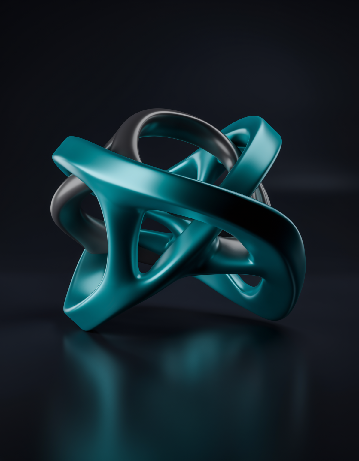Abstract futuristic 3D structure of intertwined shapes in turquoise and black on a dark background