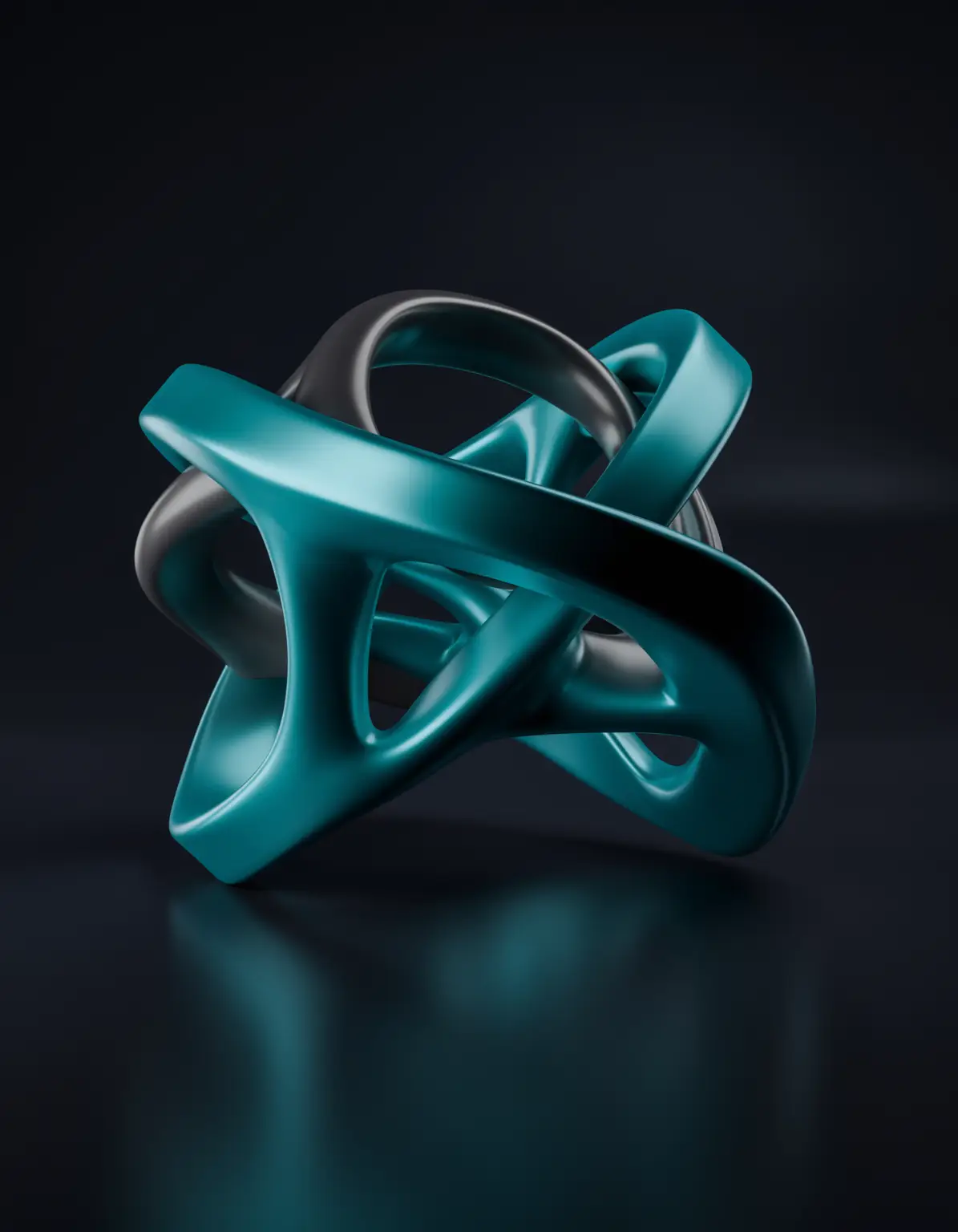 Abstrakte futuristische 3D-Struktur aus verschlungenen Formen in Türkis und Schwarz auf dunklem Hintergrund