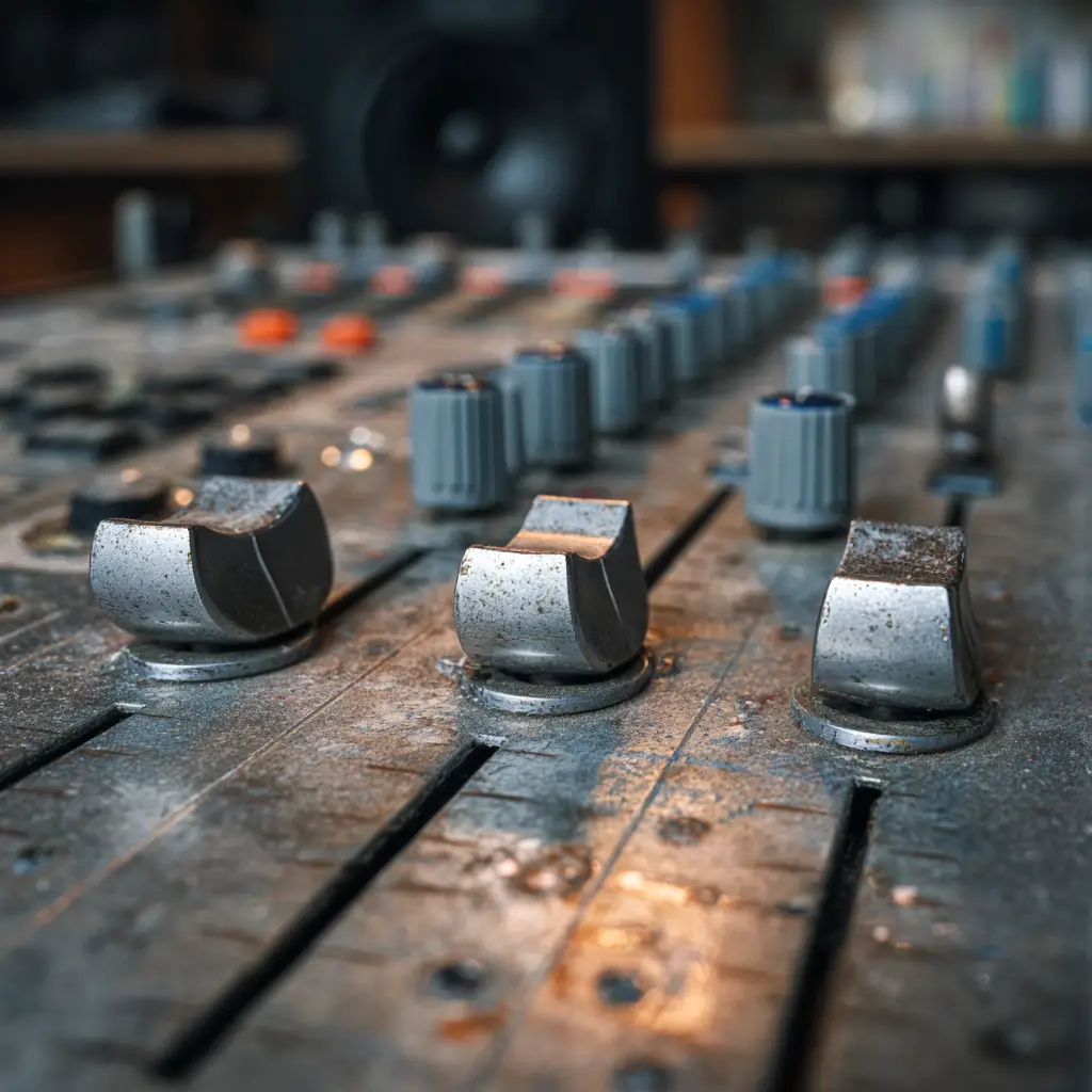 Nahaufnahme eines analogen Mischpults mit Reglern und Fadern in einem Tonstudio