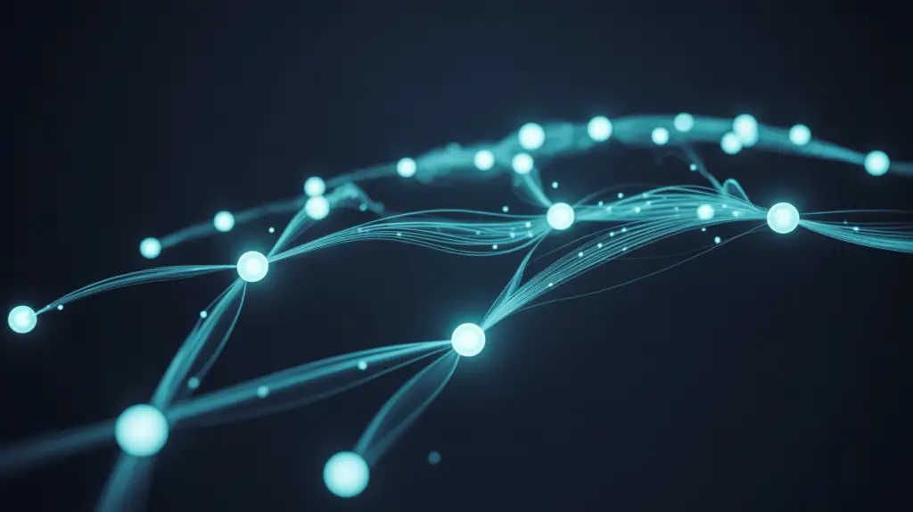 Dynamisches digitales Netzwerk mit leuchtenden Verbindungspunkten und geschwungenen Datenlinien auf dunklem Hintergrund