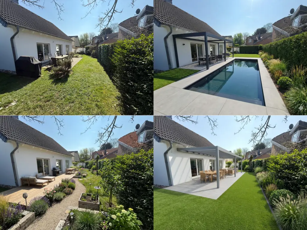 Moderner Garten mit Pool, Pergola und neu gestalteter Terrasse – Vorher-Nachher-Vergleich einer hochwertigen Gartengestaltung