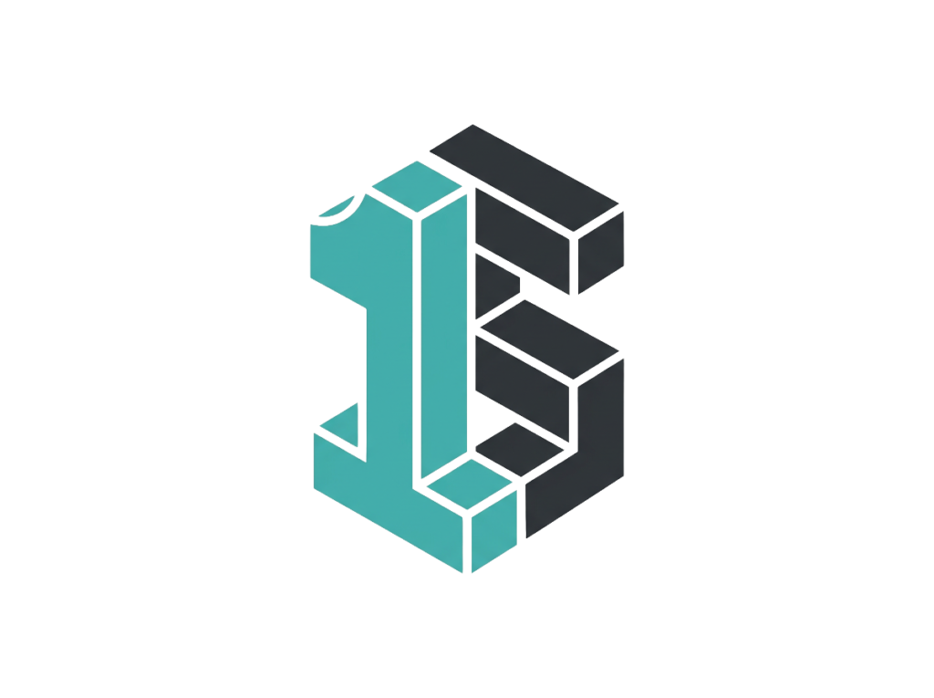 Modern geometric 3D logo made of interlocking turquoise and dark gray shapes