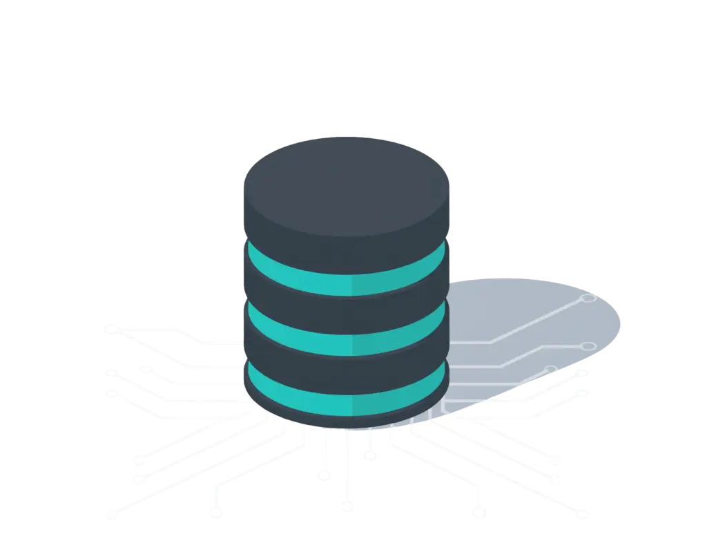 Isometrische Illustration einer Datenbank mit gestapelten Server-Elementen und digitaler Verbindungsgrafik