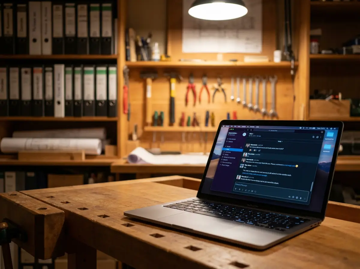 Laptop with AI chat on a workbench in a craft workshop with a tool wall and folders in the background