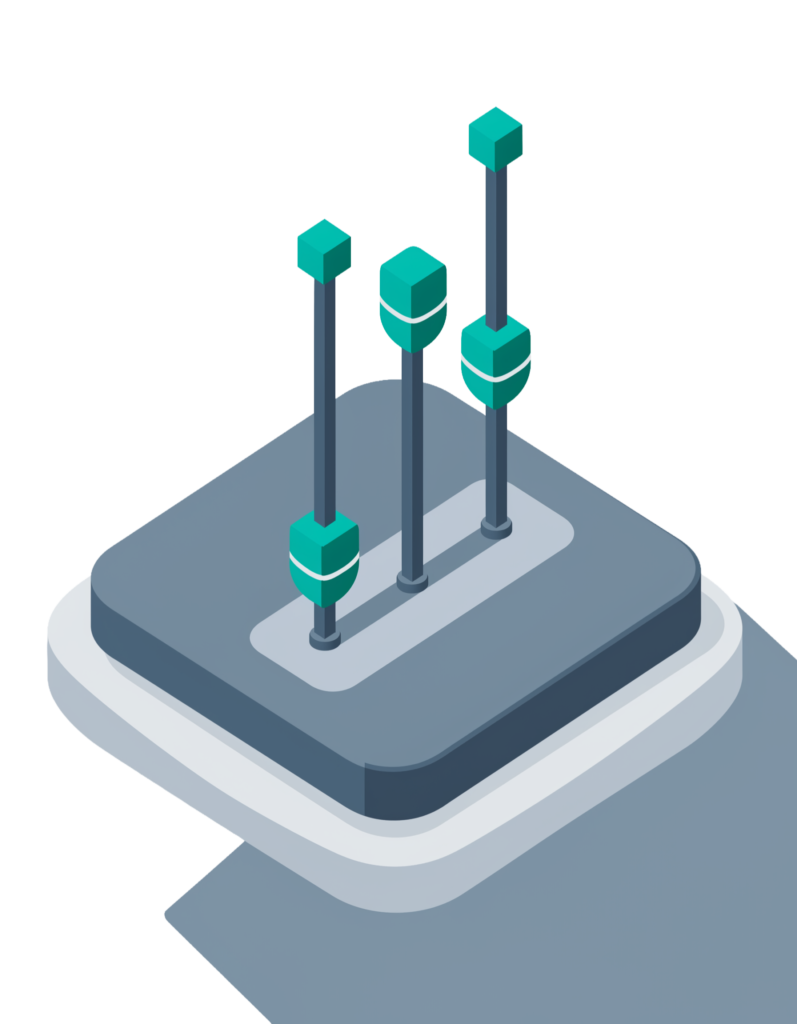 Isometric illustration of a modern control panel with three adjustable controls in gray and turquoise
