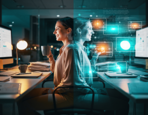 Frau arbeitet abends am Computer im Büro, kombiniert mit digitalen KI-Visualisierungen und moderner Technologie