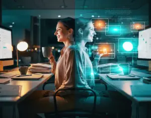 Frau arbeitet abends am Computer im Büro, kombiniert mit digitalen KI-Visualisierungen und moderner Technologie