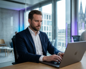 Mann arbeitet konzentriert an Laptop in modernem Büro mit digitaler Benutzeroberfläche im Vordergrund