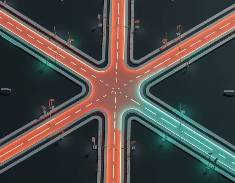 Abstrakte futuristische Straßenkreuzung mit leuchtenden Fahrbahnen als Symbol für Entscheidungswege und digitale Strategien