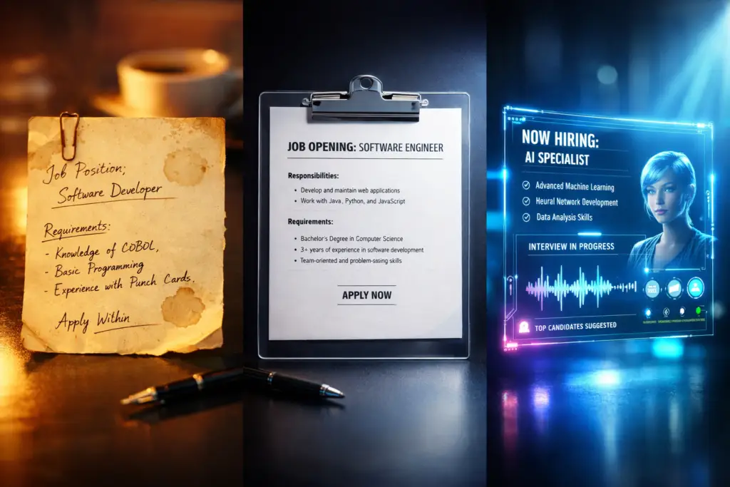 Klassische und moderne Jobanzeigen zeigen den Wandel vom Softwareentwickler zum KI-Spezialisten im digitalen Zeitalter.