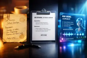 Klassische und moderne Jobanzeigen zeigen den Wandel vom Softwareentwickler zum KI-Spezialisten im digitalen Zeitalter.