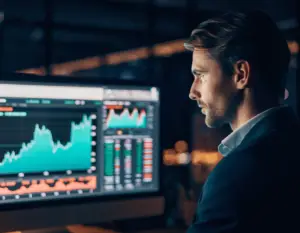 Analyst in modernem Büro betrachtet Finanzcharts und Marktdaten auf großem Monitor bei Nacht