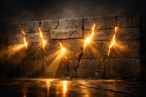 Steinmauer mit leuchtenden Rissen und der Aufschrift Custom GPTs als Symbol für technische Limits und Durchbrüche