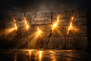 Steinmauer mit leuchtenden Rissen und der Aufschrift Custom GPTs als Symbol für technische Limits und Durchbrüche