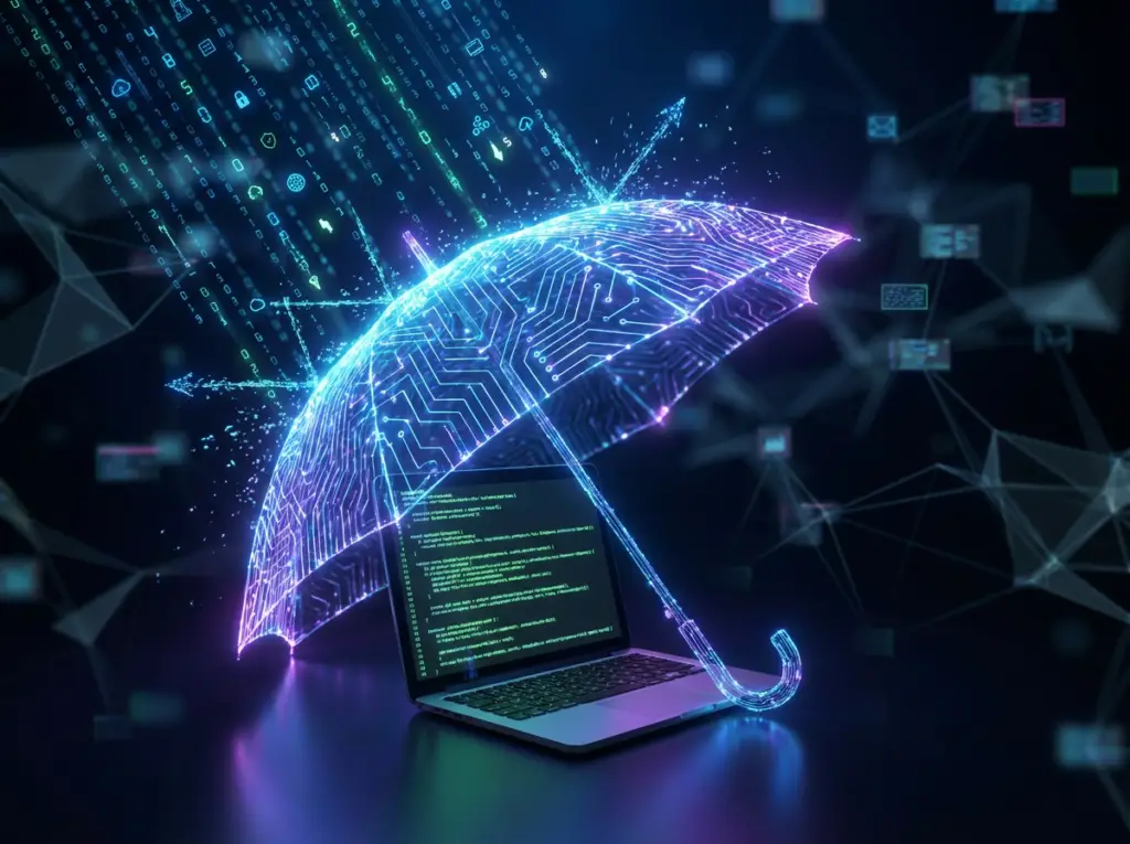 Leuchtender digitaler Regenschirm schützt Laptop vor Datenströmen und Cyberangriffen