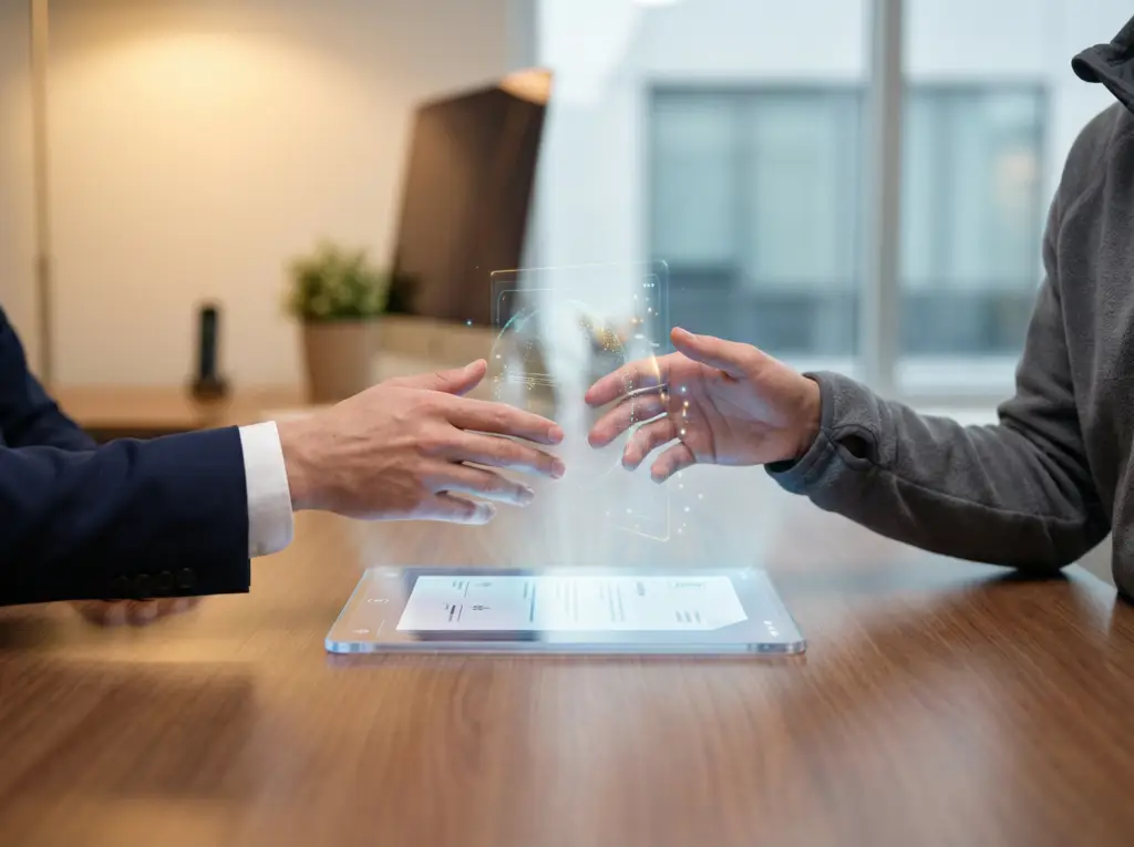 Zwei Personen übergeben digitale Vertragsdaten per Tablet in moderner Büroumgebung