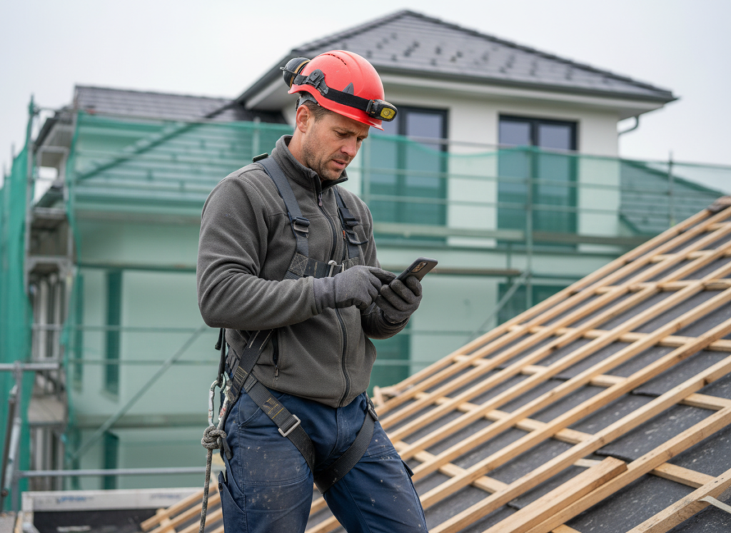 Handwerker mit Schutzhelm prüft Smartphone auf einer Dachbaustelle vor einem Neubau
