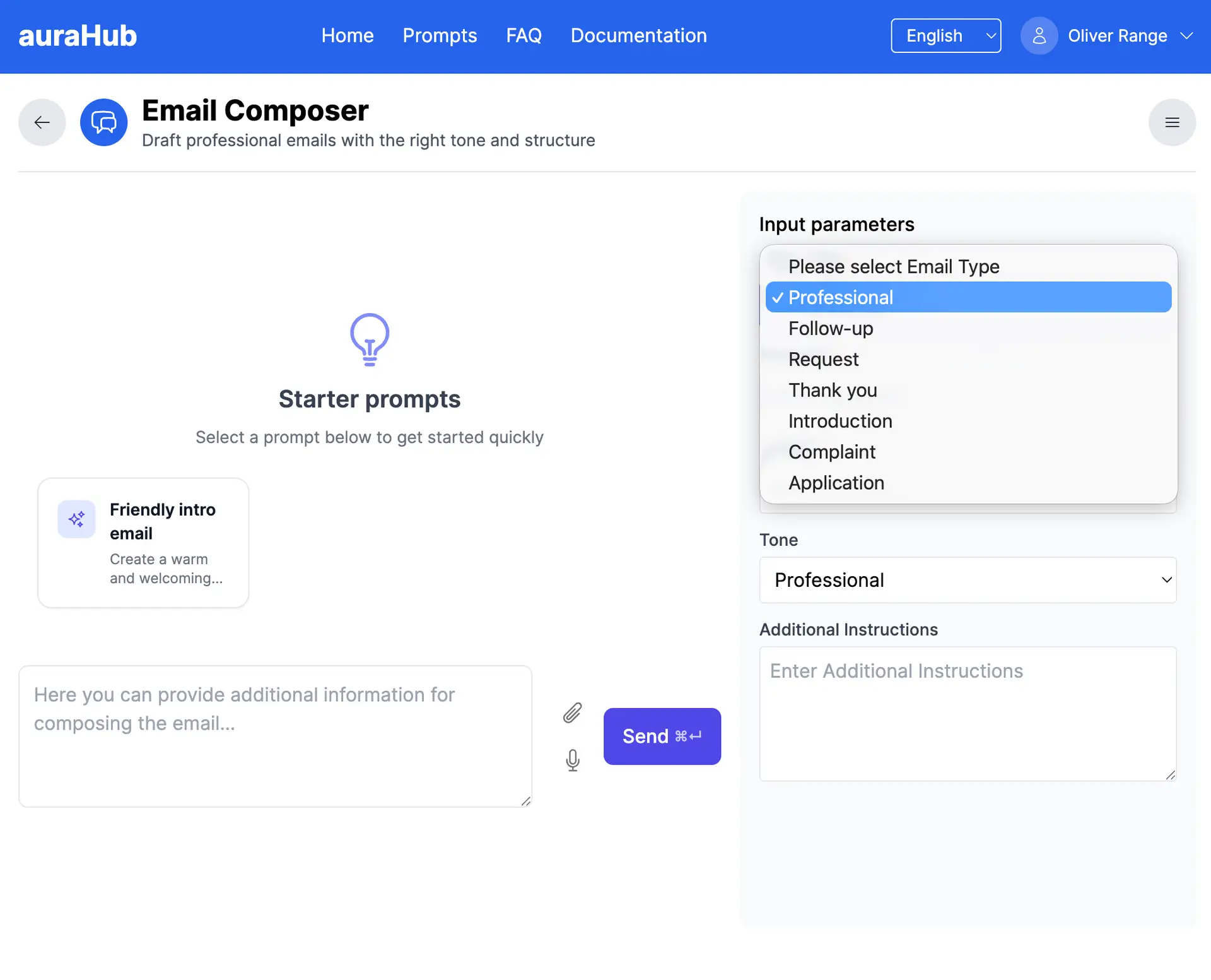 Email Composer von auraHub zur Erstellung professioneller E-Mails mit auswählbarem E-Mail-Typ, Tonalität und Eingabefeldern