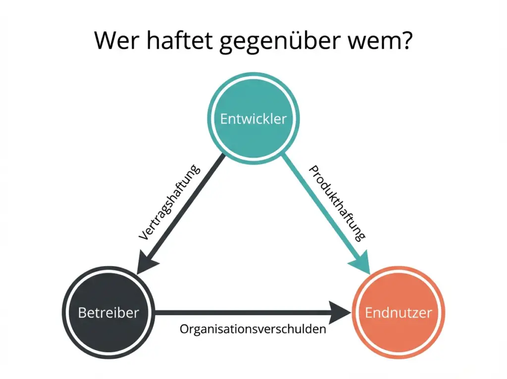 Infografik zeigt Haftungsdreieck zwischen Entwickler, Betreiber und Endnutzer mit Vertrags, Produkt und Organisationshaftung