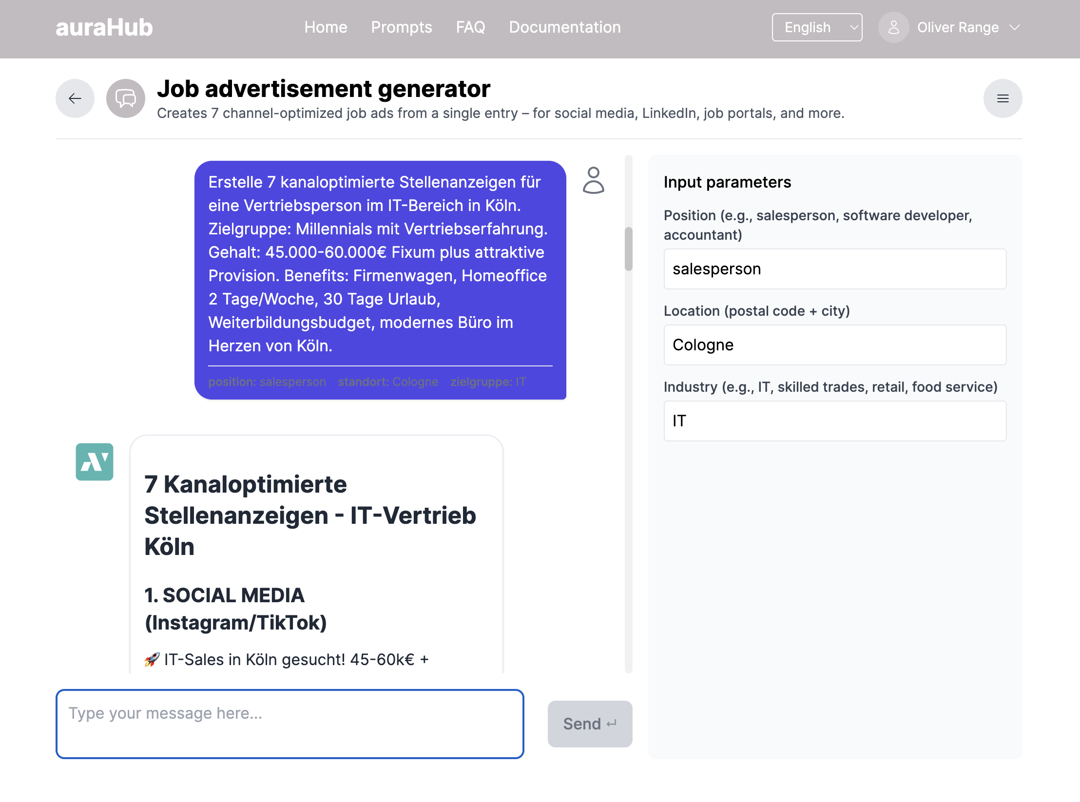 Job Advertisement Generator von auraHub zur Erstellung kanaloptimierter Stellenanzeigen mit Eingabefeldern und KI-Ausgabe