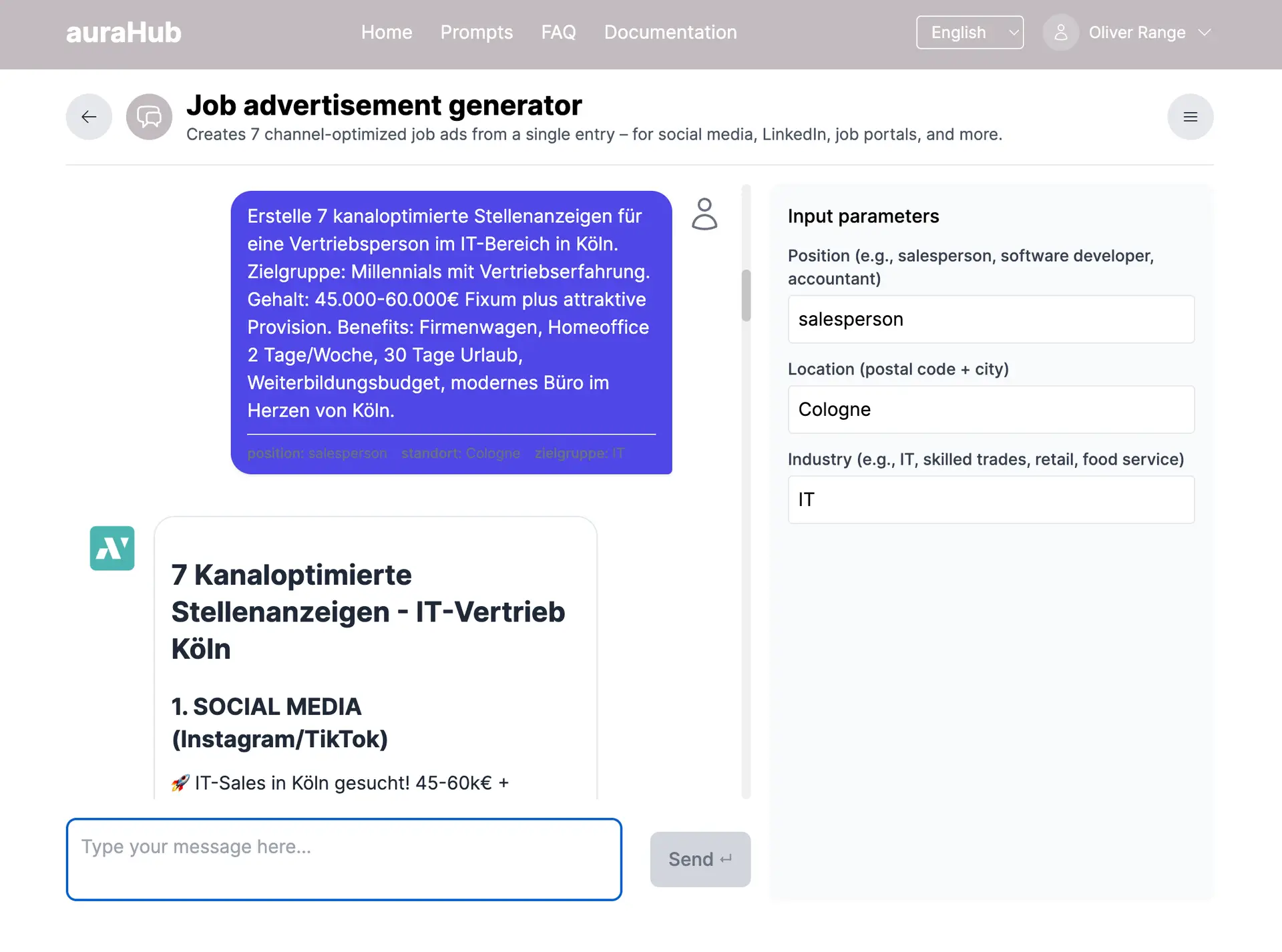 Job Advertisement Generator von auraHub zur Erstellung kanaloptimierter Stellenanzeigen mit Eingabefeldern und KI-Ausgabe