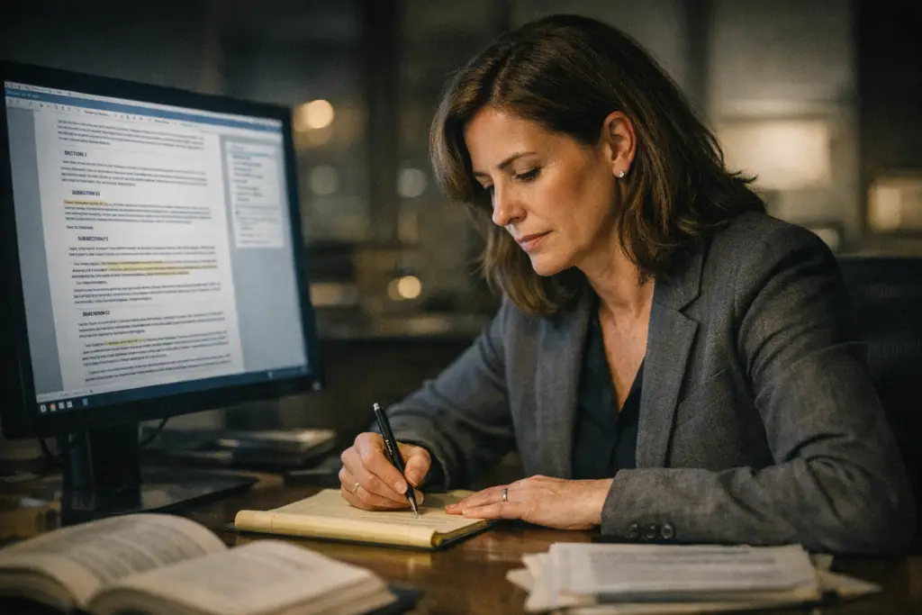 Juristin prüft digitales Vertragsdokument am Bildschirm und macht handschriftliche Notizen