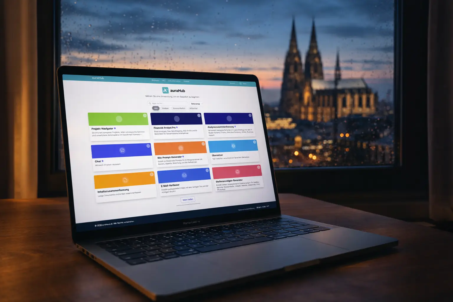 Laptop with the auraHub AI web platform open on a wooden table in front of a window overlooking Cologne Cathedral at dusk