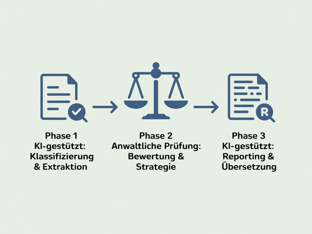 Dreiphasiges KI-gestütztes Prüfmodell mit Klassifizierung, anwaltlicher Bewertung und Reporting