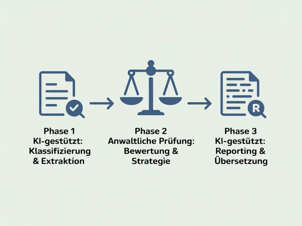 Dreiphasiges KI-gestütztes Prüfmodell mit Klassifizierung, anwaltlicher Bewertung und Reporting