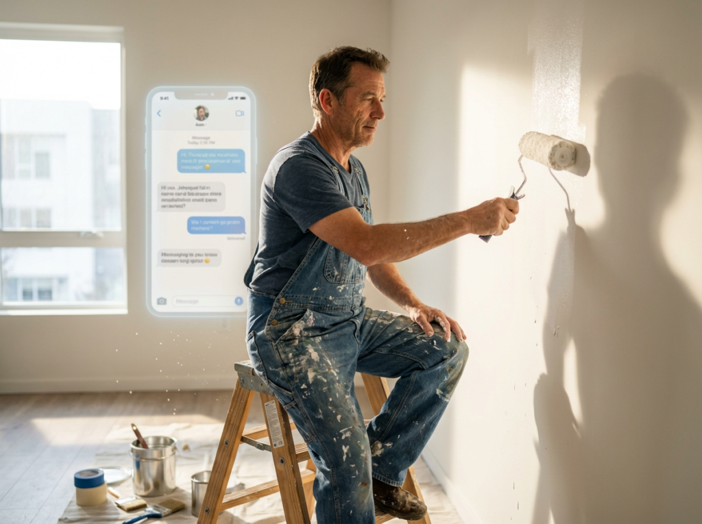 Handwerker streicht mit Farbroller eine weiße Wand in einer hellen Wohnung während der Renovierung