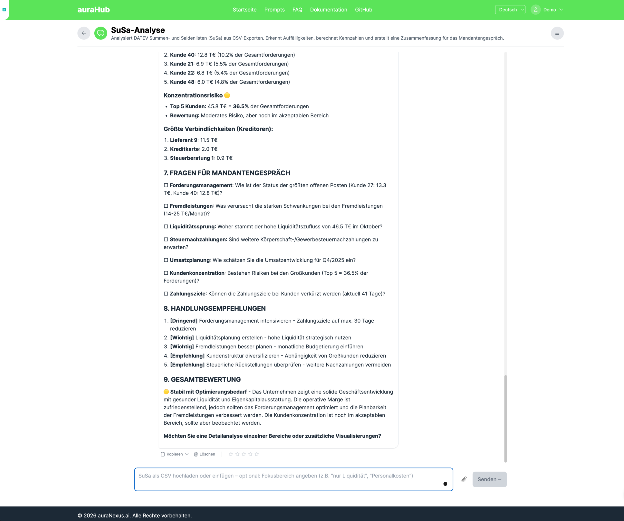 Dashboard mit SuSa Analyse zu Forderungen, Konzentrationsrisiko, Handlungsempfehlungen und Gesamtbewertung in auraHub