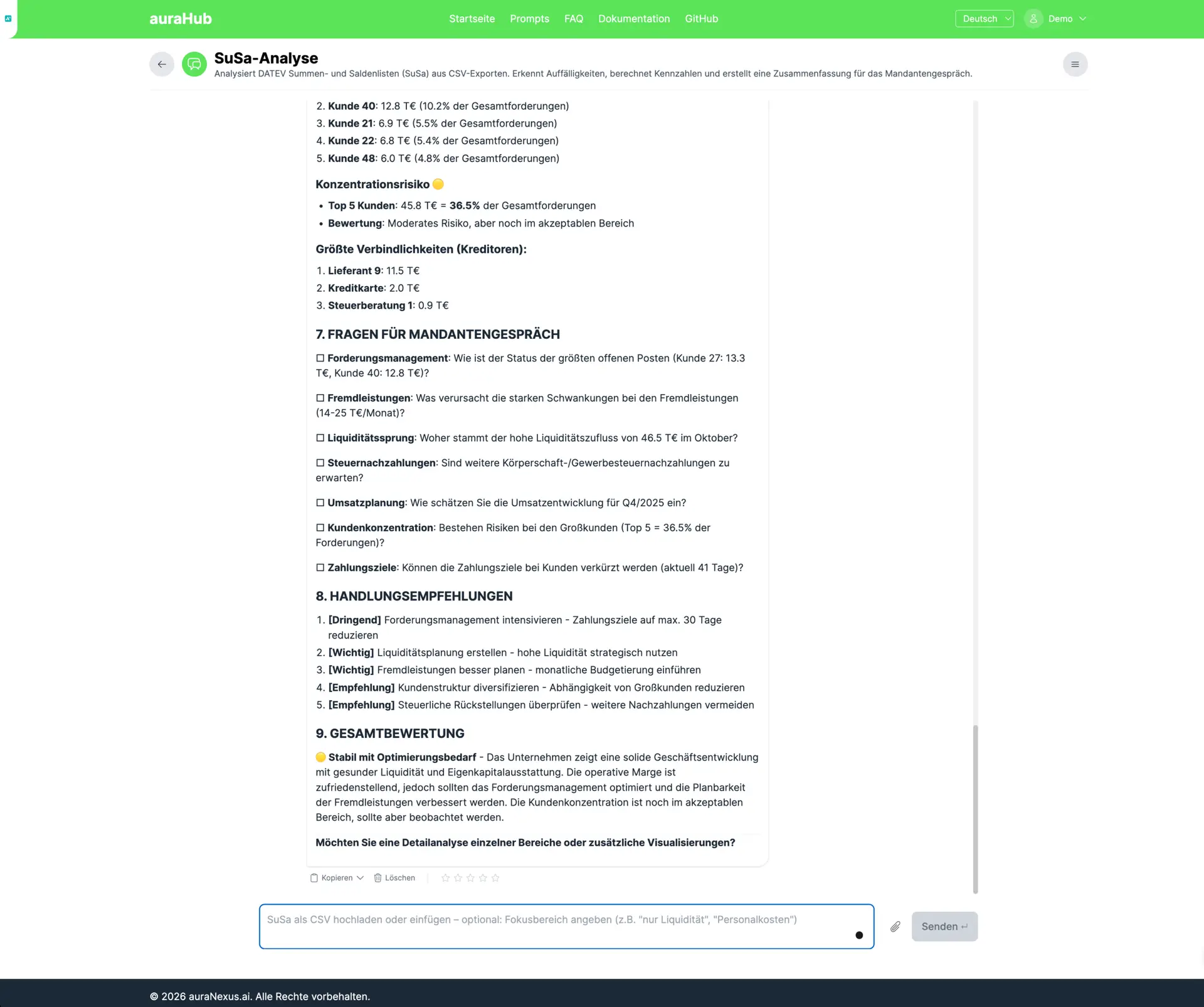 Dashboard with SuSa analysis on receivables, concentration risk, recommendations for action and overall assessment in auraHub
