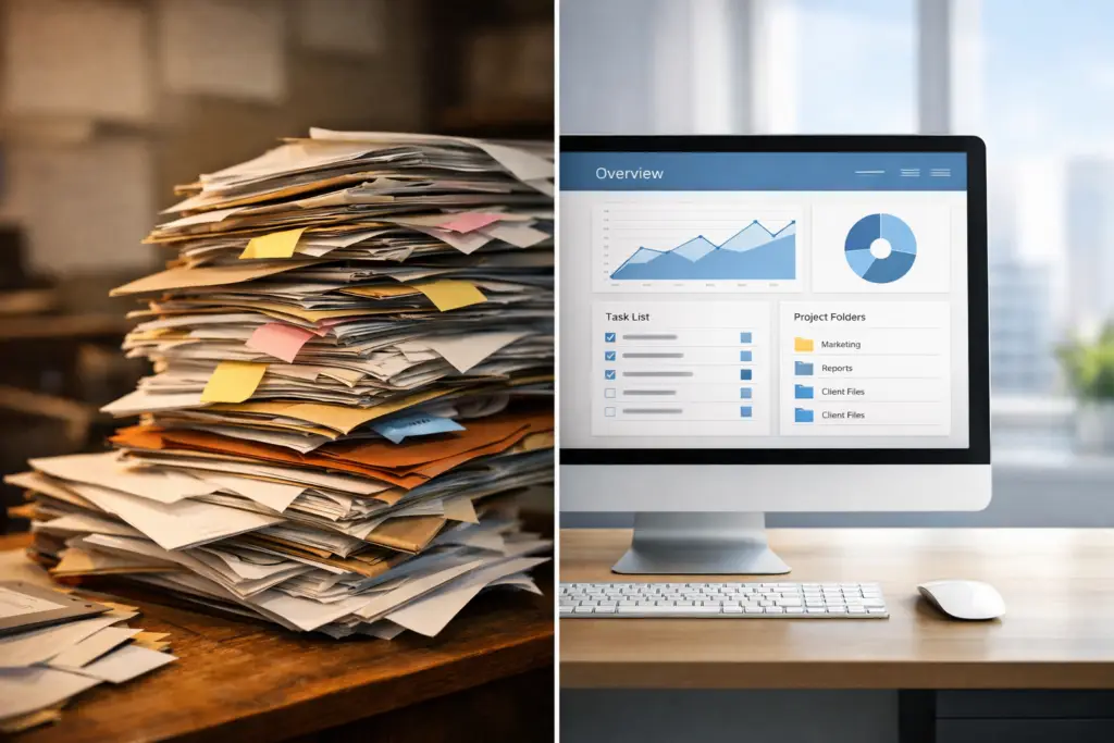 Hoher Stapel unsortierter Papierdokumente mit farbigen Haftnotizen auf einem Schreibtisch