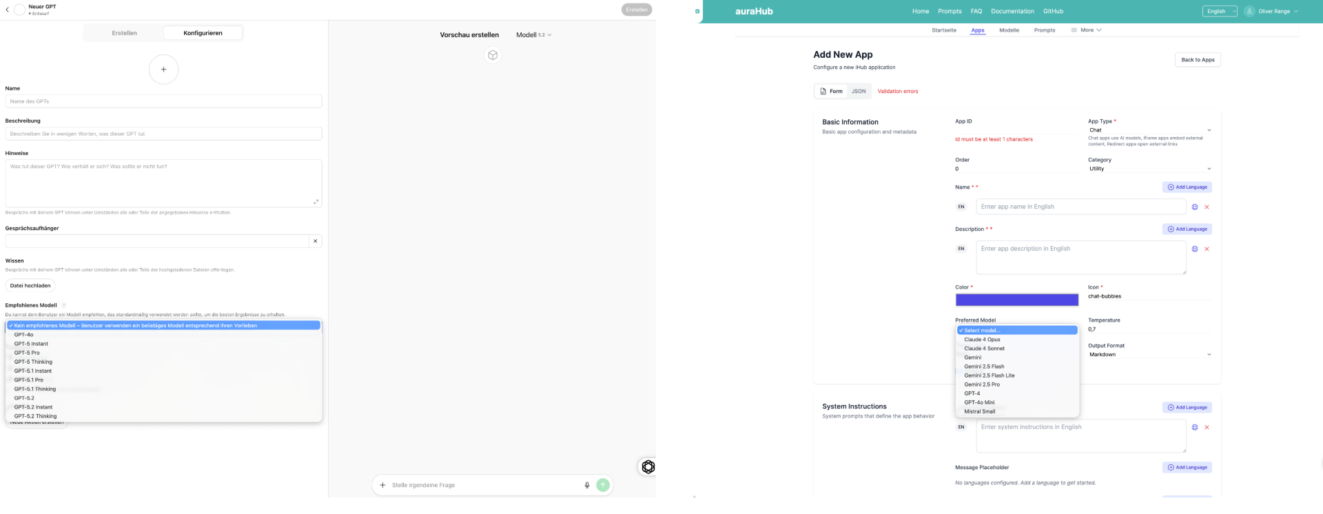 Vergleich der Modellauswahl: ChatGPT Custom GPT mit OpenAI-Modellen links und auraHub mit Claude, Gemini, GPT und Mistral rechts