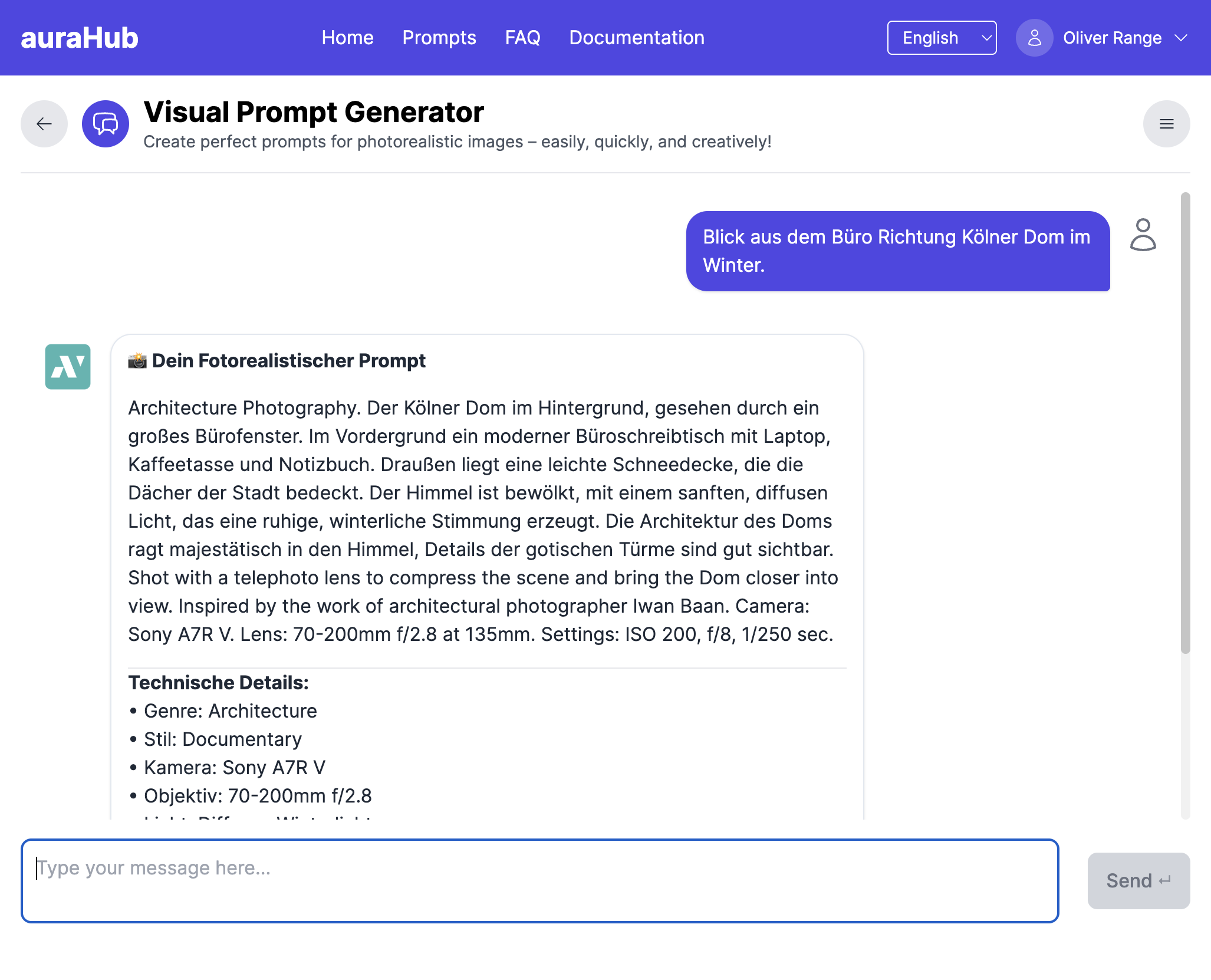 Visual Prompt Generator von auraHub zur Erstellung fotorealistischer KI-Bildprompts mit Chatoberfläche und Prompt-Ausgabe