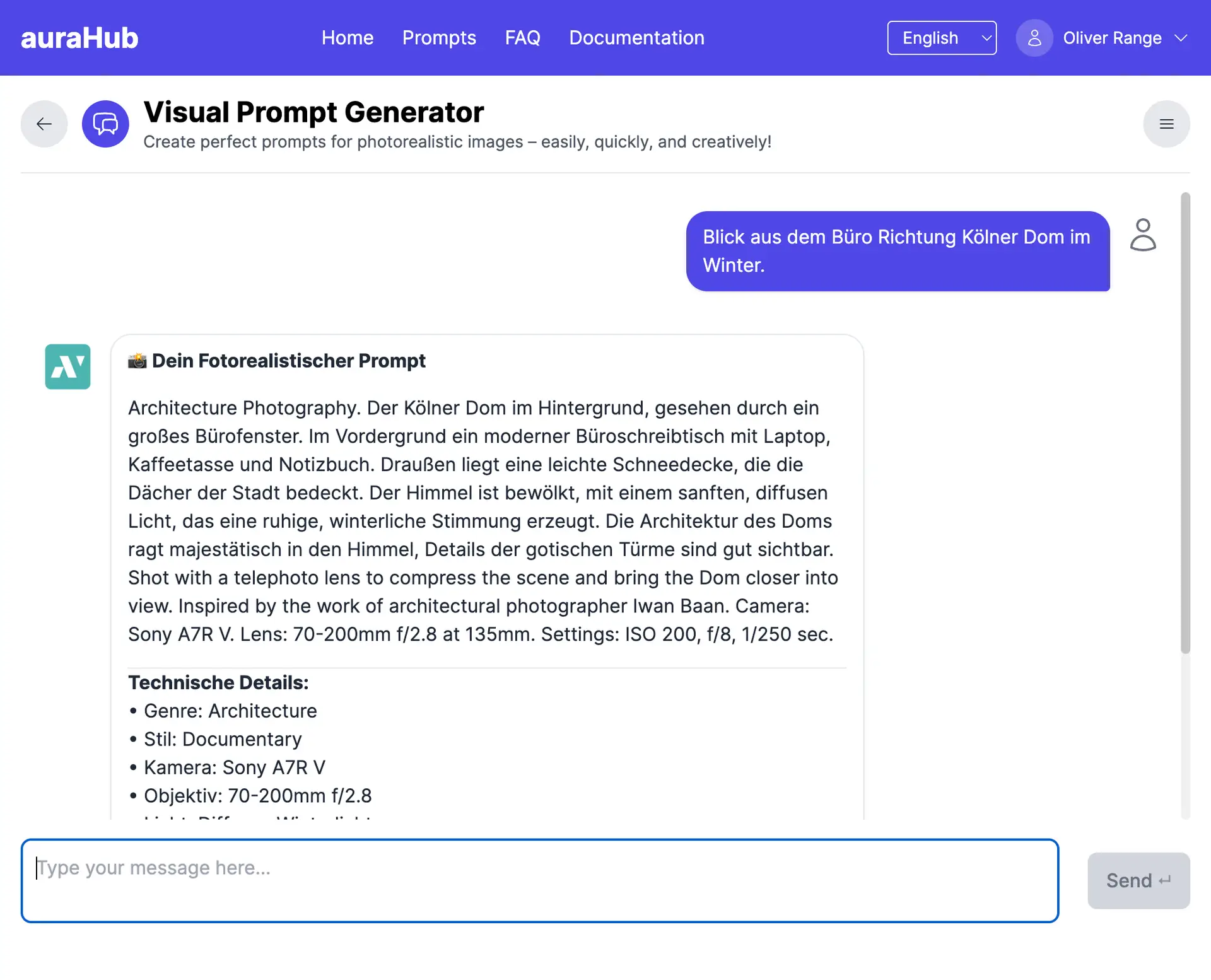Visual Prompt Generator von auraHub zur Erstellung fotorealistischer KI-Bildprompts mit Chatoberfläche und Prompt-Ausgabe