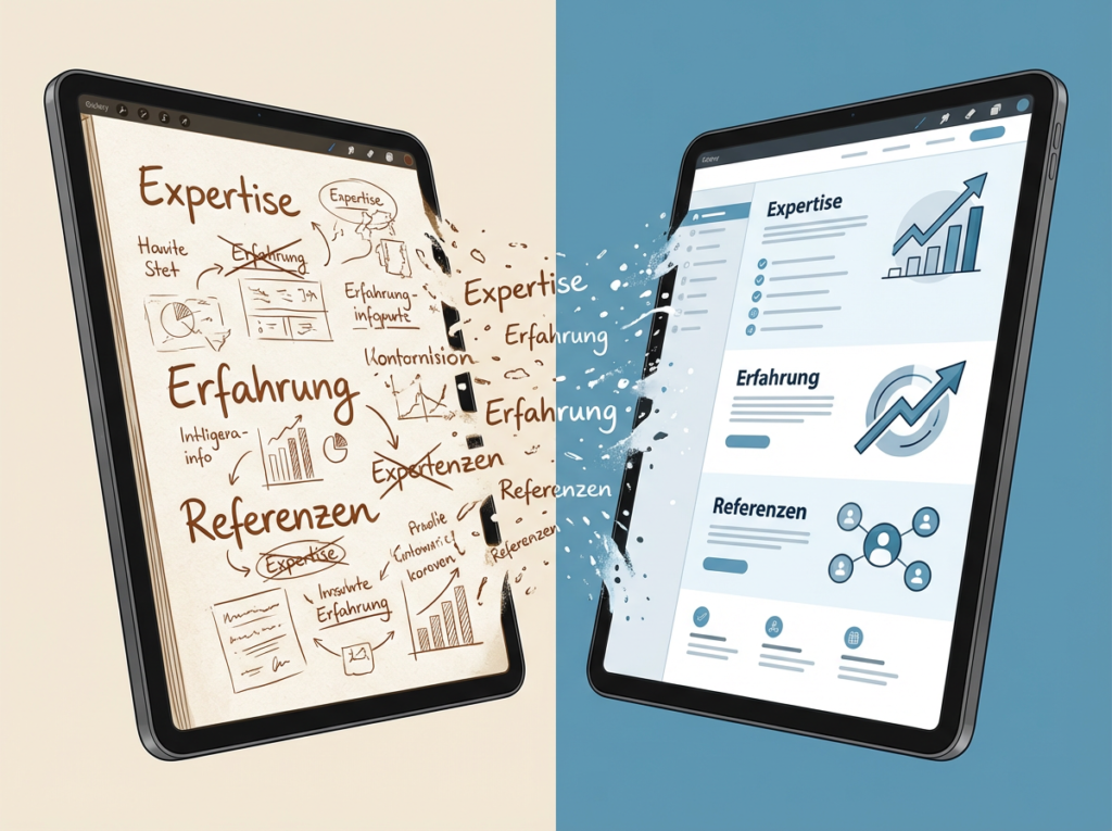 Illustration zeigt den Übergang von handschriftlicher Expertise zu strukturierter digitaler Website mit Diagrammen