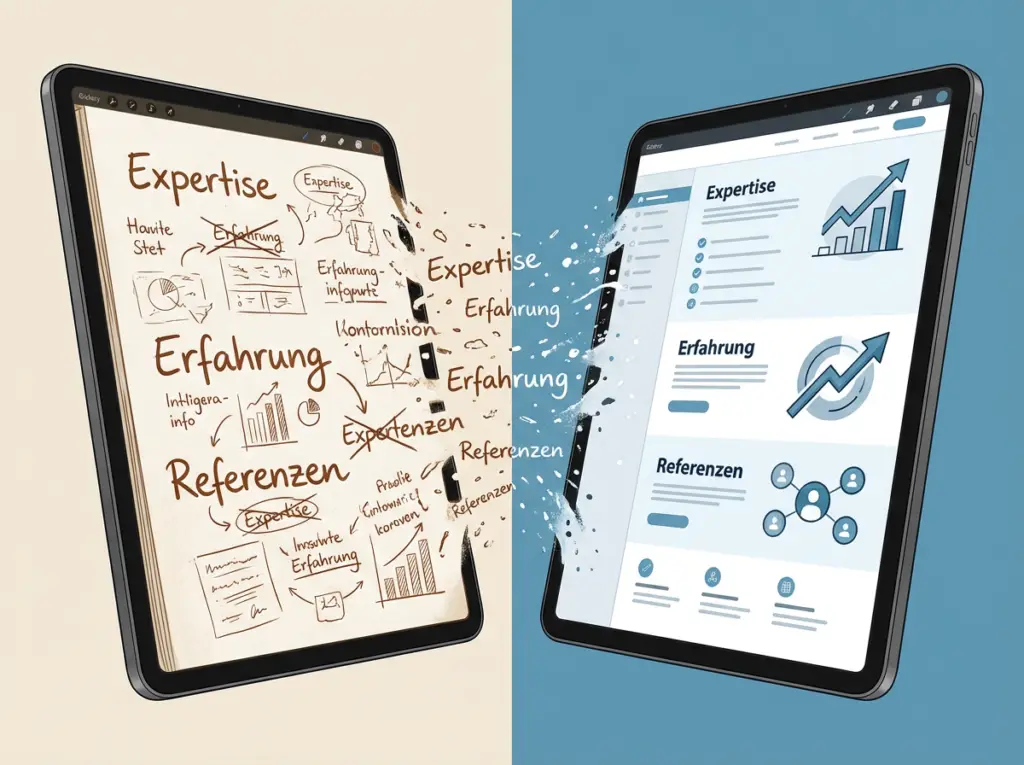 Illustration zeigt den Übergang von handschriftlicher Expertise zu strukturierter digitaler Website mit Diagrammen