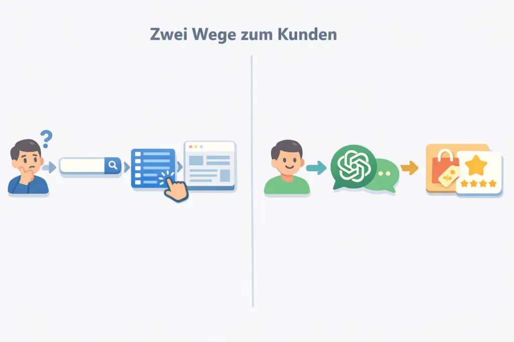 Infografik zeigt zwei Wege zum Kunden mit klassischer Google Suche und moderner KI-gestützter Beratung