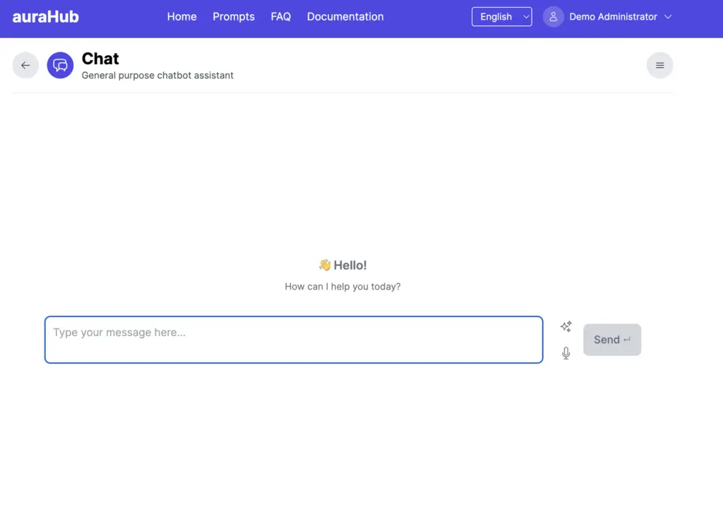 auraHub Chat Oberfläche mit Texteingabe, Send-Button und Header für allgemeinen KI-Chatbot