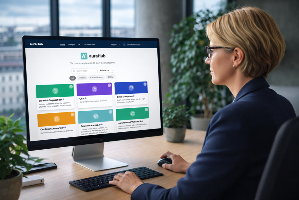 Frau am Schreibtisch vor Monitor mit auraHub KI-Assistent-Dashboard im modernen Büro