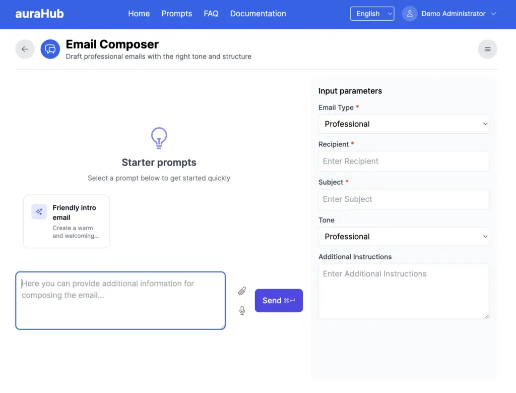 auraHub Email Composer Oberfläche zur Erstellung professioneller E-Mails mit Eingabefeldern und Ton-Auswahl