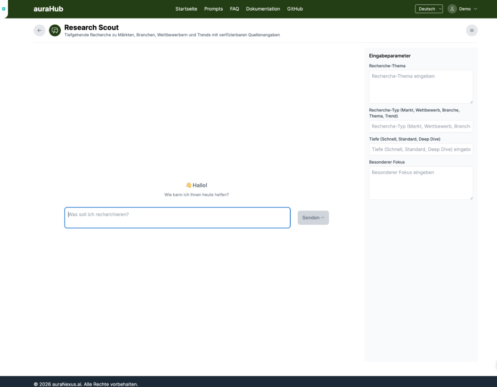 auraHub Research Scout Oberfläche mit Eingabefeldern für Marktforschung, Wettbewerbsanalyse und Trendanalyse mit KI