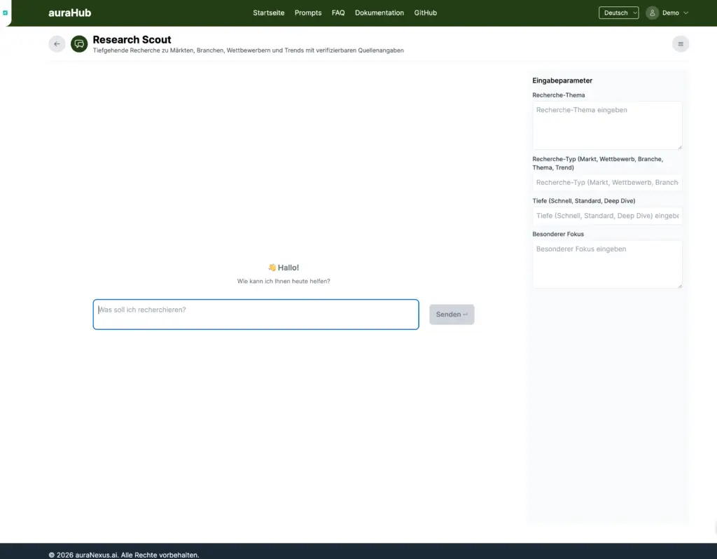 auraHub Research Scout Oberfläche mit Eingabefeldern für Marktforschung, Wettbewerbsanalyse und Trendanalyse mit KI
