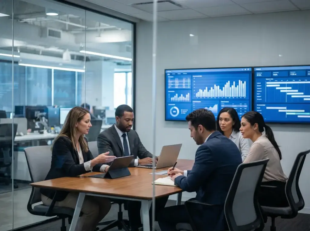 Strategiemeeting im Unternehmen mit Team am Konferenztisch und digitalen Dashboards auf Bildschirmen